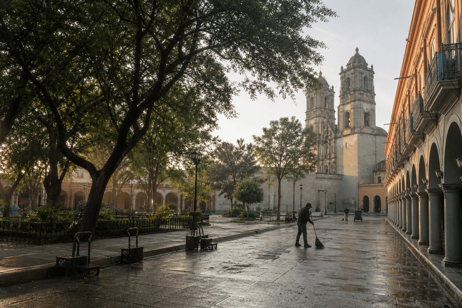 The zócalo in Oaxaca early in the morning, trees and wet pavement, nearly empty